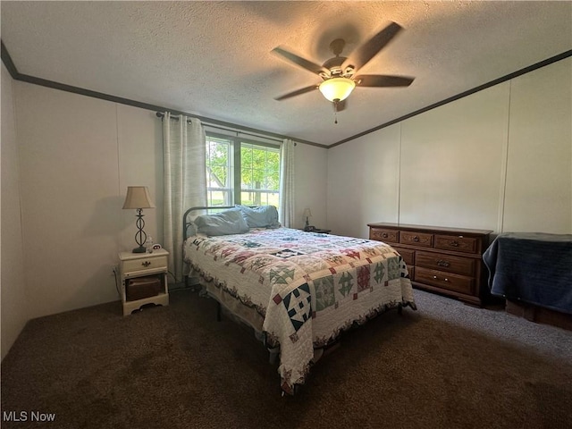 301 46th St SW, Canton, OH 44706 - bedroom featuring dark colored carpet, crown molding, a textured ceiling, and ceiling fan