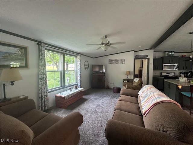 301 46th St SW, Canton, OH 44706 - carpeted living area with a ceiling fan, ornamental molding, and a textured ceiling