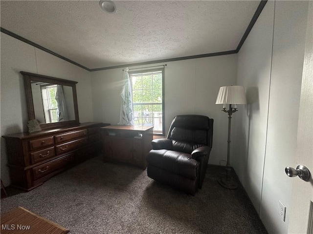 301 46th St SW, Canton, OH 44706 - sitting room with ornamental molding, a textured ceiling, carpet floors, and vaulted ceiling