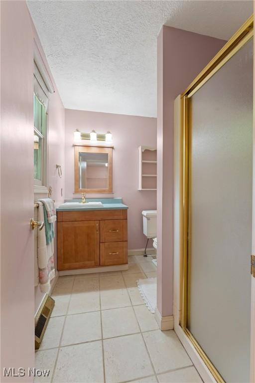 7183 Hunter Dr, Chippewa Lake, OH 44215 - bathroom featuring a stall shower, toilet, vanity, tile patterned floors, and a textured ceiling