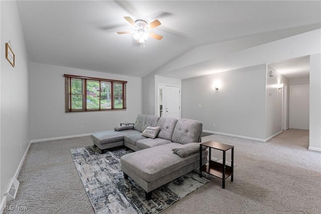 7183 Hunter Dr, Chippewa Lake, OH 44215 - living room featuring light colored carpet, a ceiling fan, lofted ceiling, and baseboards
