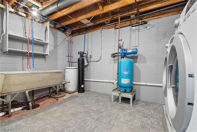 1892 Toepfer Rd, Akron, OH 44312 - unfinished below grade area with a water softener system, washer / dryer, and concrete block wall