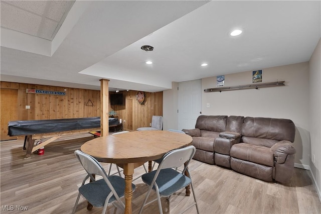 1094 Jessie Ave, Kent, OH 44240 - dining space with wood finished floors, wooden walls, billiards, recessed lighting, and baseboards