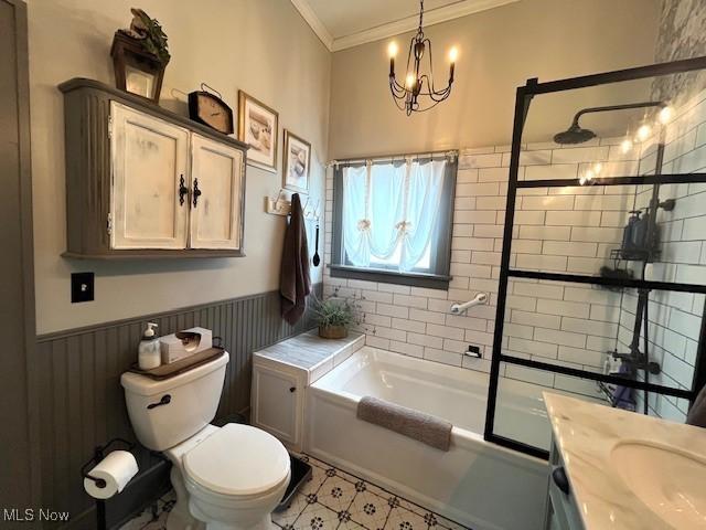 161 W Main St, New Concord, OH 43762 - full bath featuring toilet, crown molding, a chandelier, a wainscoted wall, and vanity