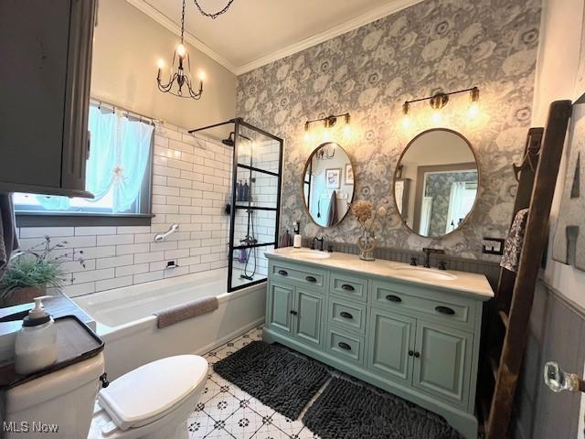 161 W Main St, New Concord, OH 43762 - bathroom with toilet, crown molding,  shower combination, a chandelier, and double vanity