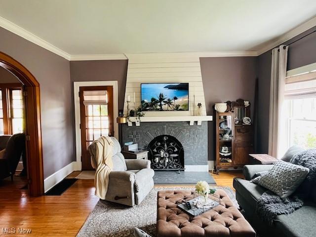 161 W Main St, New Concord, OH 43762 - living area featuring ornamental molding, wood finished floors, a fireplace, baseboards, and arched walkways