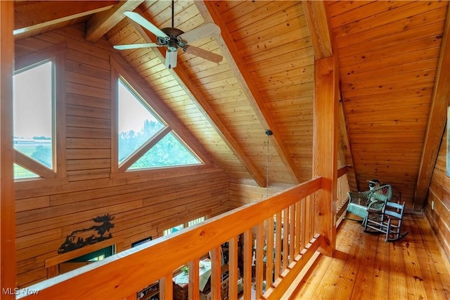 6165 Tyro St NE, Louisville, OH 44641 - hallway with wood ceiling, wood walls, plenty of natural light, wood-type flooring, and an upstairs landing
