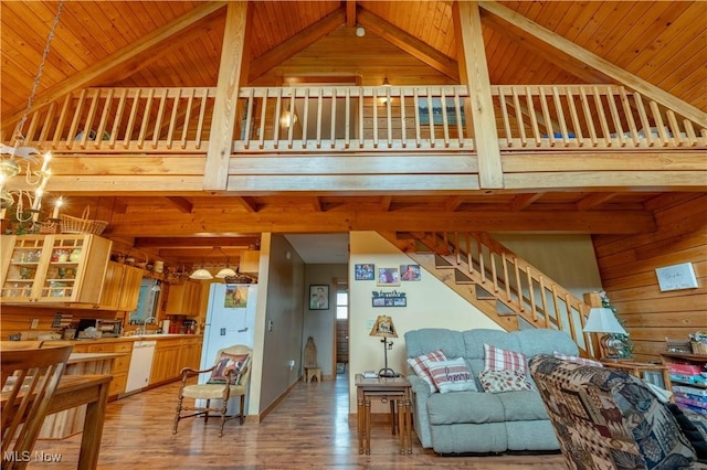 6165 Tyro St NE, Louisville, OH 44641 - living area with light wood-style floors, wood walls, stairway, and wood ceiling