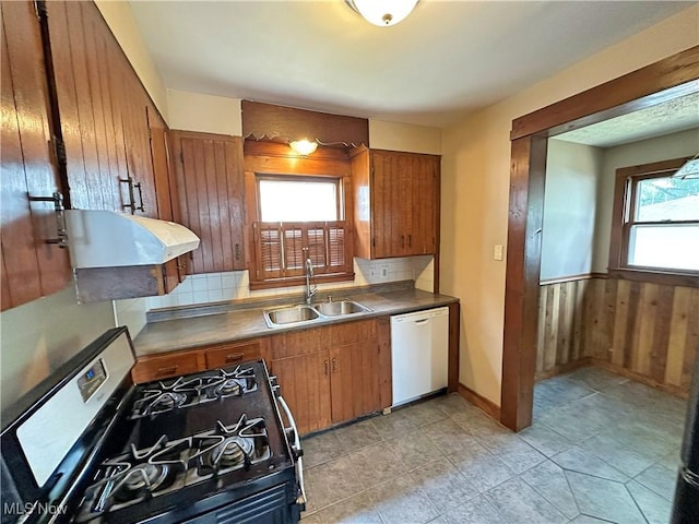 816 Clarendon Ave NW, Canton, OH 44708 - kitchen featuring gas range, dishwasher, a sink, under cabinet range hood, and wood walls