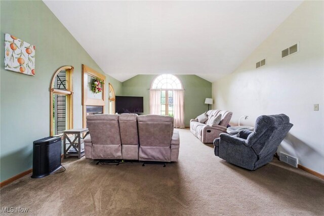 51406 Cornerstone Dr, Petersburg, OH 44454 - living area with carpet flooring, a glass covered fireplace, lofted ceiling, and baseboards