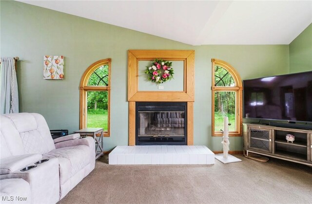 51406 Cornerstone Dr, Petersburg, OH 44454 - living area with vaulted ceiling, plenty of natural light, carpet, and a glass covered fireplace