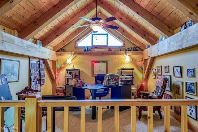 1350 Bell Rd, Chagrin Falls, OH 44022 - rec room featuring wooden ceiling, a ceiling fan, a desk, and carpet flooring