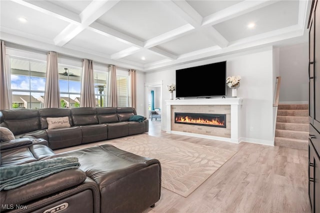 34655 N Legends Way, Grafton, OH 44044 - living room featuring a glass covered fireplace, wood finished floors, beam ceiling, stairway, and coffered ceiling