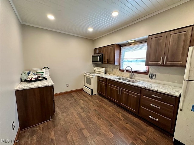 102 Wylie Dr, Short Creek, WV 26058 - kitchen with white appliances, a sink, dark wood-type flooring, dark brown cabinetry, and ornamental molding