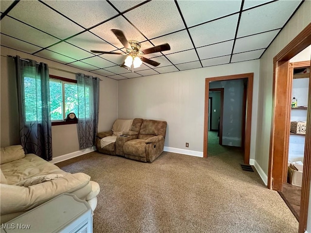 102 Wylie Dr, Short Creek, WV 26058 - carpeted living room featuring ceiling fan, baseboards, and a drop ceiling
