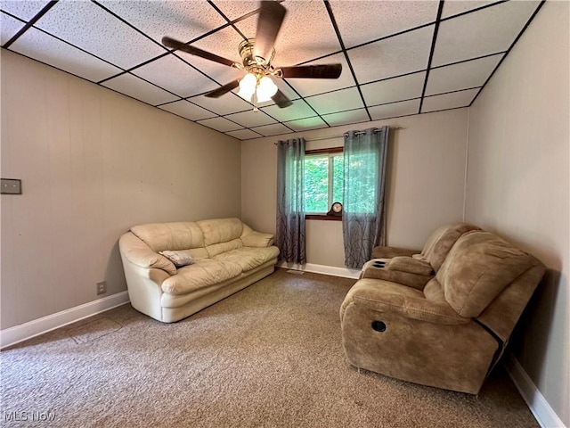 102 Wylie Dr, Short Creek, WV 26058 - living area featuring a paneled ceiling, carpet floors, ceiling fan, and baseboards
