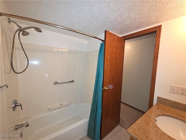 1025 S Ridge Rd, Geneva, OH 44041 - bathroom featuring shower / bathtub combination with curtain, vanity, a textured ceiling, and tile patterned floors