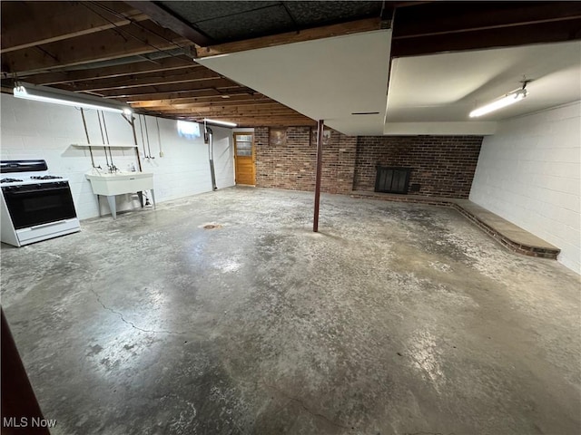 158 Main St, Rayland, OH 43943 - unfinished below grade area with a brick fireplace, a sink, and concrete block wall