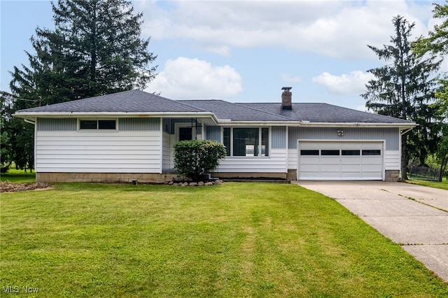 4855 Lake Dawn Dr, Medina, OH 44256 - ranch-style house featuring driveway, an attached garage, a chimney, and a front yard