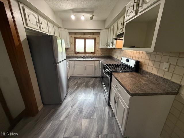 13603 Alvin Ave, Garfield Heights, OH 44105 - kitchen featuring appliances with stainless steel finishes, a sink, dark countertops, under cabinet range hood, and dark wood-style floors