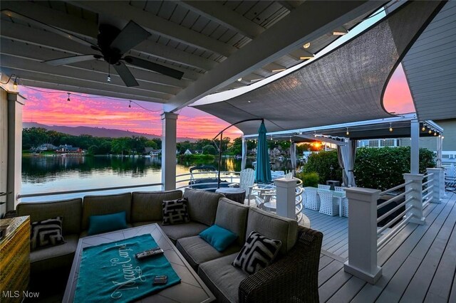552 Saunders Ave, Akron, OH 44319 - wooden terrace featuring outdoor lounge area, a water view, and ceiling fan