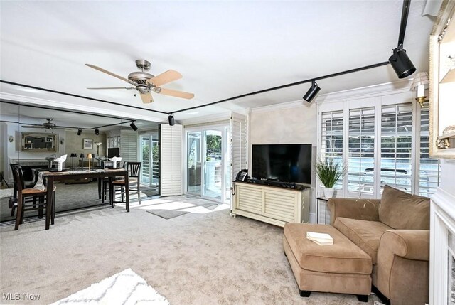 552 Saunders Ave, Akron, OH 44319 - living room with a ceiling fan, ornamental molding, and carpet