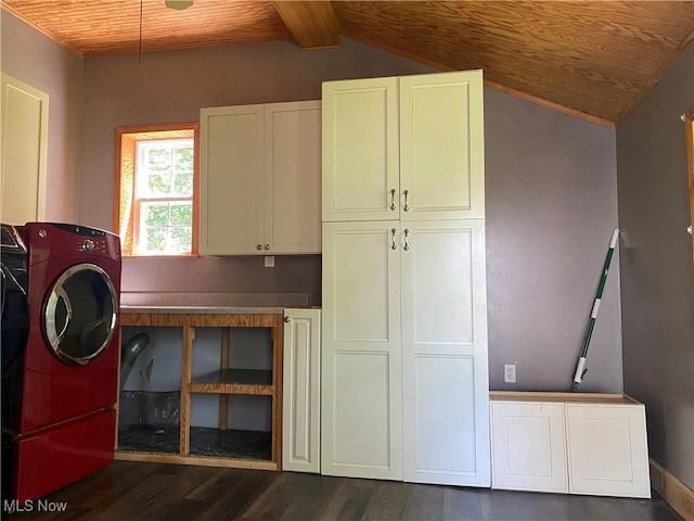 10919 Geib Ave NE, Hartville, OH 44632 - laundry area with cabinet space, dark wood-style floors, wood ceiling, and washer / clothes dryer