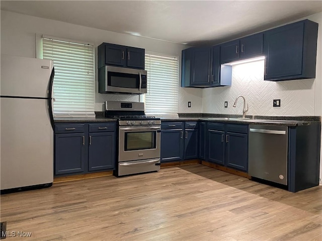 10919 Geib Ave NE, Hartville, OH 44632 - kitchen featuring appliances with stainless steel finishes, dark countertops, a sink, and blue cabinetry