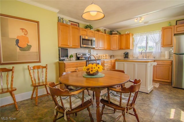 51300 Wegee Rd, Bellaire, OH 43906 - kitchen with stainless steel appliances, crown molding, a sink, light countertops, and tasteful backsplash