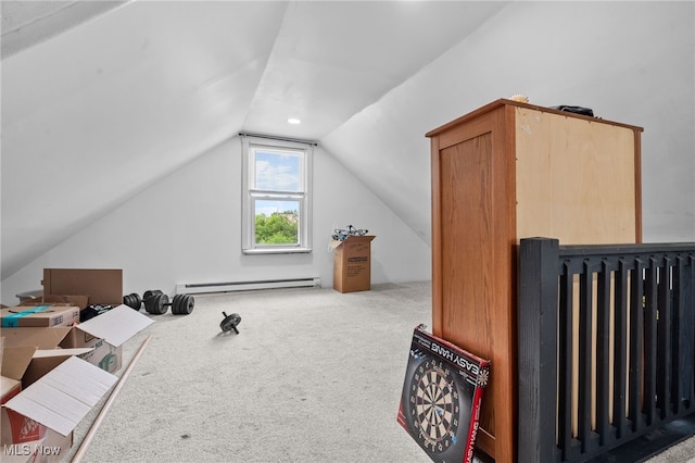 14520 Bayes Ave, Lakewood, OH 44107 - bonus room with a baseboard radiator, lofted ceiling, carpet floors, and radiator heating unit