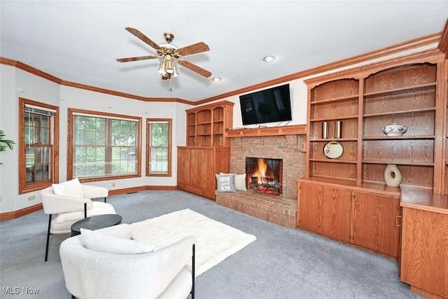 452 Herbert Rd, Akron, OH 44312 - living room with light colored carpet, baseboards, a fireplace, a ceiling fan, and crown molding