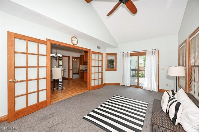452 Herbert Rd, Akron, OH 44312 - living area featuring french doors, carpet, high vaulted ceiling, ceiling fan, and baseboards