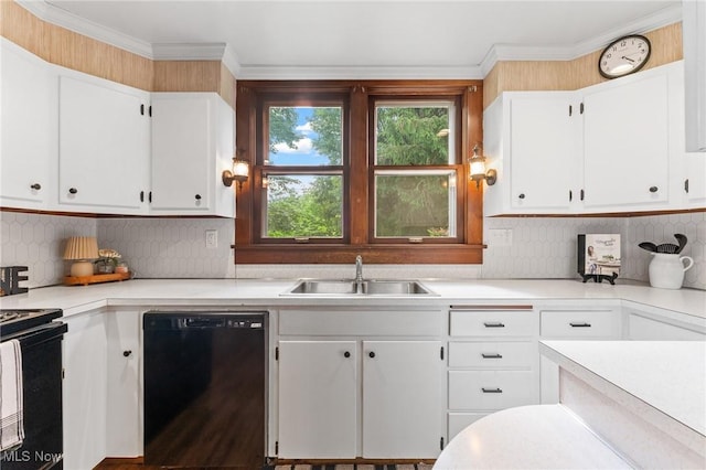 1372 W State St, Salem, OH 44460 - kitchen with black appliances, a sink, light countertops, white cabinetry, and crown molding