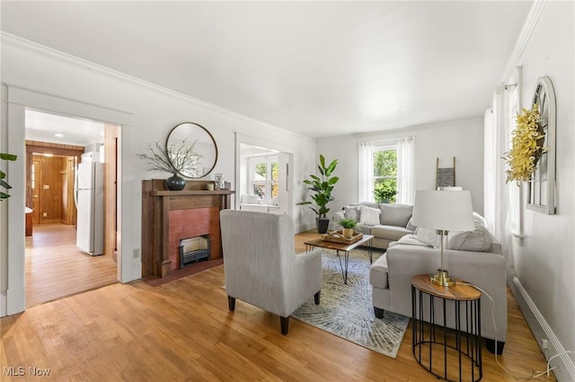 1372 W State St, Salem, OH 44460 - living room featuring wood finished floors, a fireplace with flush hearth, ornamental molding, and baseboards