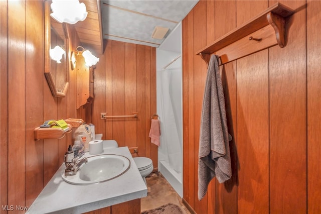 11996 Bower Rd, Minerva, OH 44657 - full bath featuring a sink, toilet, wood walls, and a shower with curtain