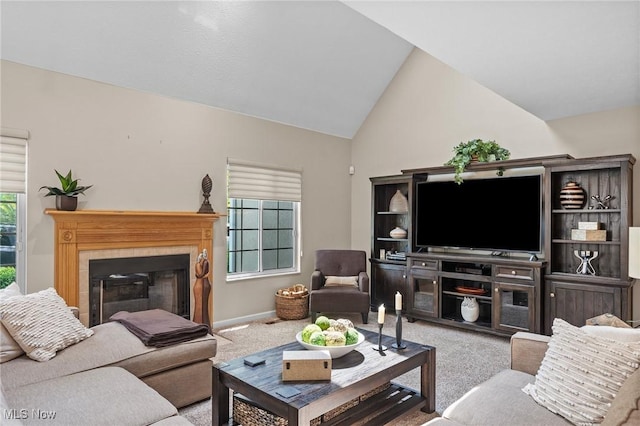 10378 N Pond Ln N Unit 2, Twinsburg, OH 44087 - living room with carpet floors, a fireplace, and lofted ceiling