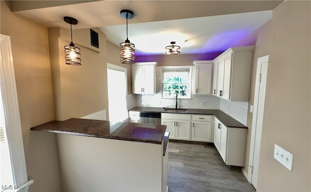 19627 Winslow Rd, Shaker Heights, OH 44122 - kitchen with a sink, stainless steel dishwasher, backsplash, a peninsula, and dark wood-style flooring