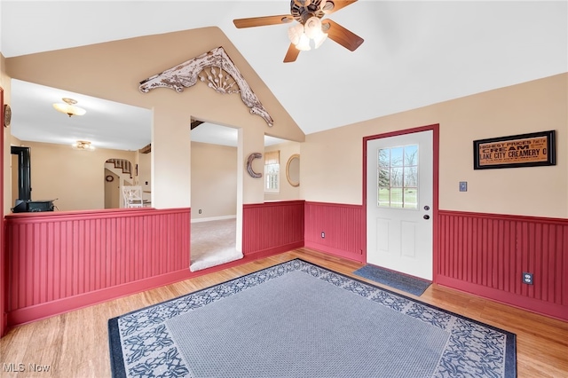 23789 Snell Rd, Columbia Station, OH 44028 - entryway featuring a wainscoted wall, ceiling fan, wood finished floors, and vaulted ceiling