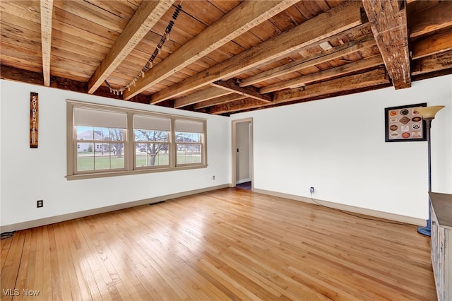 23789 Snell Rd, Columbia Station, OH 44028 - spare room with wooden ceiling with exposed beams, baseboards, and light wood-type flooring