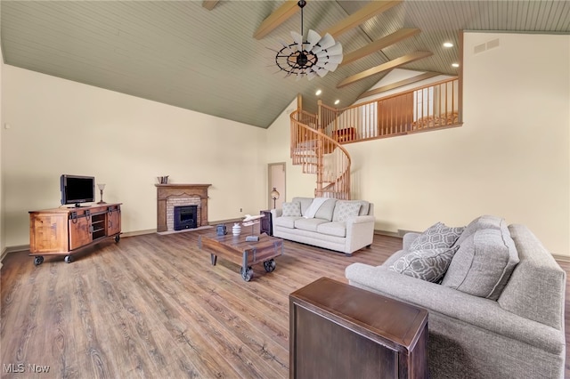 23789 Snell Rd, Columbia Station, OH 44028 - living room featuring stairs, high vaulted ceiling, recessed lighting, wood finished floors, and baseboards