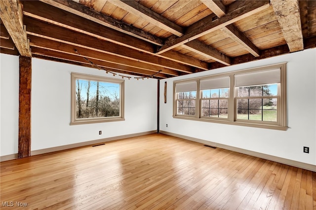 23789 Snell Rd, Columbia Station, OH 44028 - empty room with wood ceiling with exposed beams, wood-type flooring, and baseboards