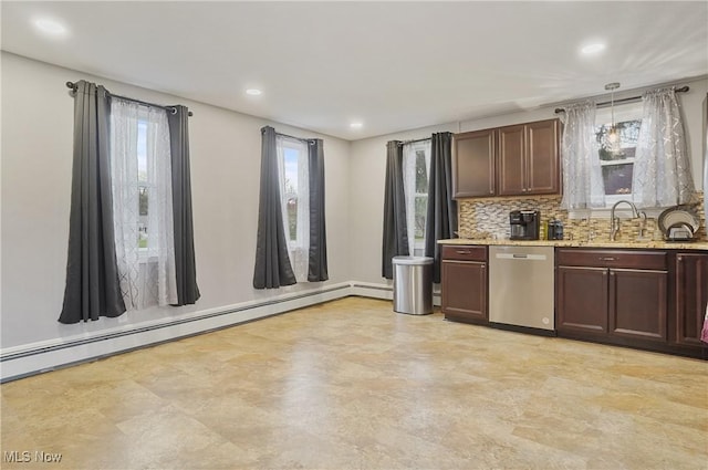 5433 Fleetwood Ave NW, Canton, OH 44718 - kitchen with stainless steel dishwasher, baseboard heating, backsplash, a sink, and light stone counters