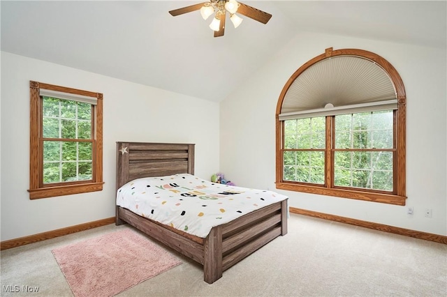 5968 Winchell Rd, Hiram, OH 44234 - bedroom featuring carpet flooring, baseboards, lofted ceiling, and a ceiling fan