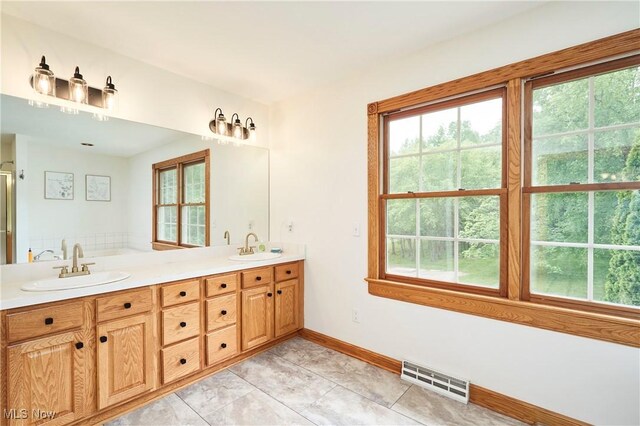 5968 Winchell Rd, Hiram, OH 44234 - full bathroom with double vanity, baseboards, and a shower with door