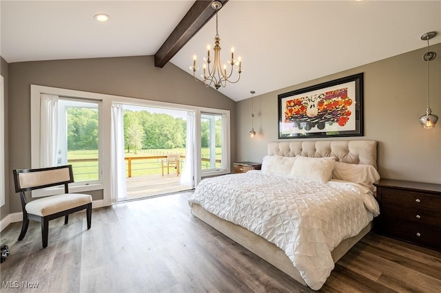 6268 Summers Rd, Windsor, OH 44099 - bedroom with access to outside, a chandelier, multiple windows, and wood finished floors