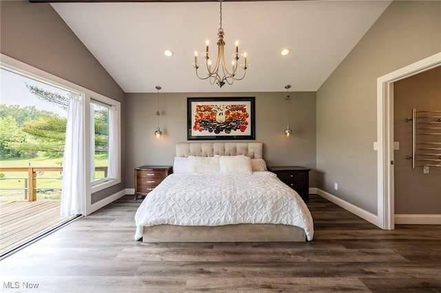 6268 Summers Rd, Windsor, OH 44099 - bedroom featuring vaulted ceiling, a chandelier, radiator, wood finished floors, and recessed lighting