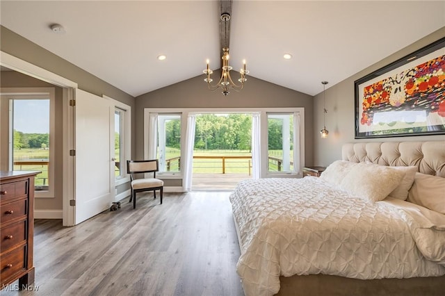 6268 Summers Rd, Windsor, OH 44099 - bedroom with light wood-style floors, access to exterior, baseboards, recessed lighting, and a chandelier