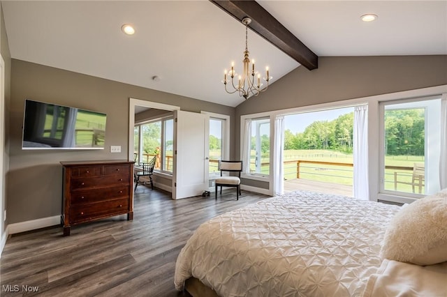 6268 Summers Rd, Windsor, OH 44099 - bedroom featuring access to outside, a chandelier, dark wood finished floors, baseboards, and recessed lighting