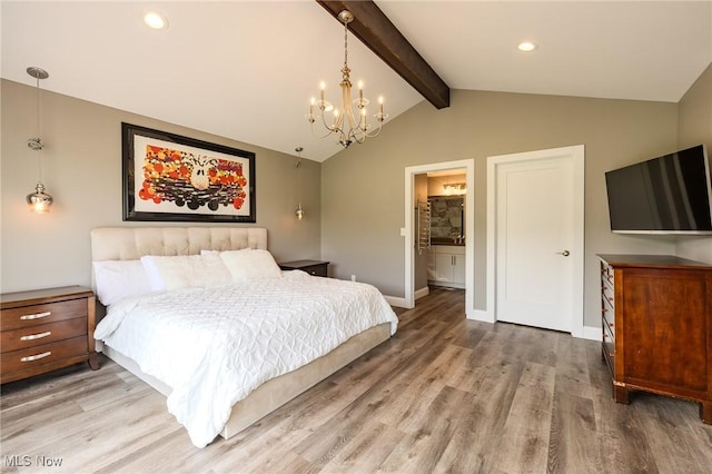 6268 Summers Rd, Windsor, OH 44099 - bedroom with a chandelier, light wood finished floors, recessed lighting, baseboards, and connected bathroom