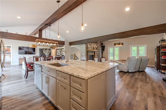 6268 Summers Rd, Windsor, OH 44099 - kitchen featuring open floor plan, a sink, gray cabinetry, stainless steel dishwasher, and light stone counters